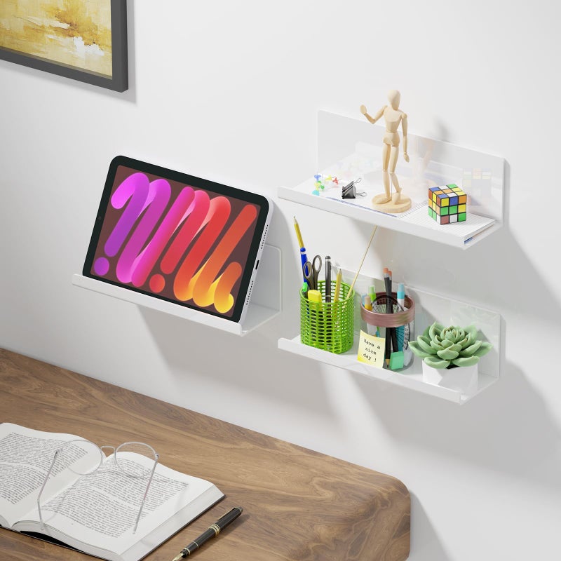 PAVSTINE Acrylic Wall Floating Shelves Set of 2  Wall Shelves White 12 Inch Adhesive Wall Organizer Adhesive Shelf for Bathroom  Kitchen  Bedroom  Office  Gaming Room  No Damage for Wall  No Drill - Image 4